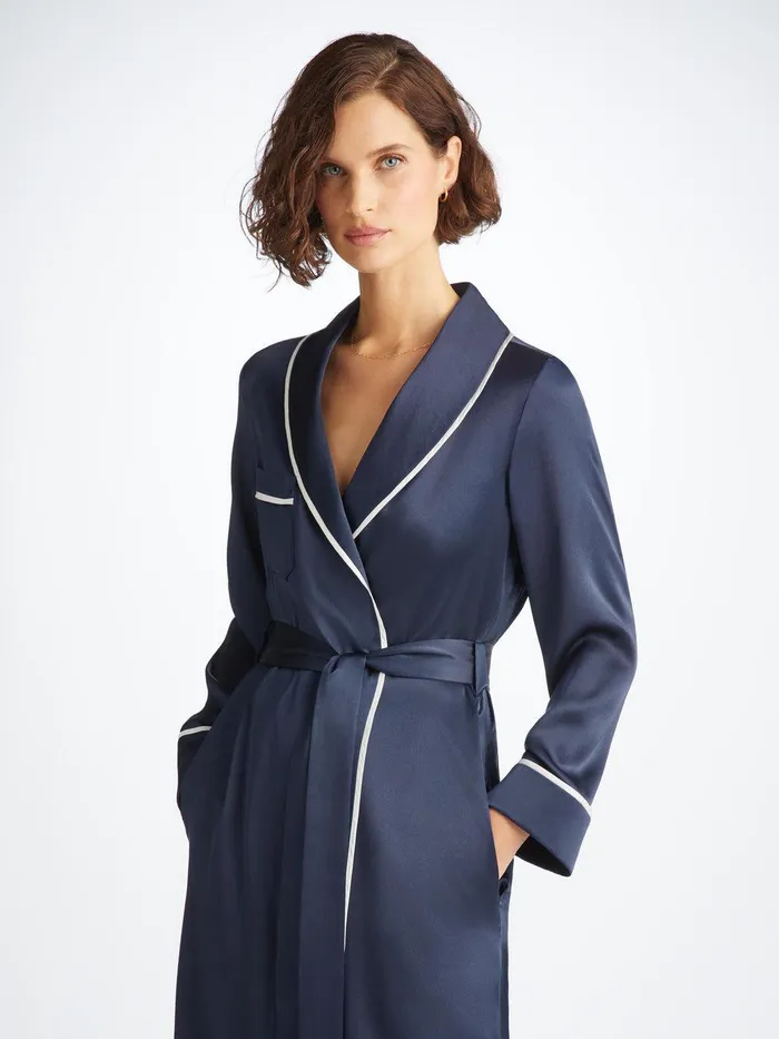 Derek Rose Long Robe Bailey Silk Satin Navy Women Silk Robes