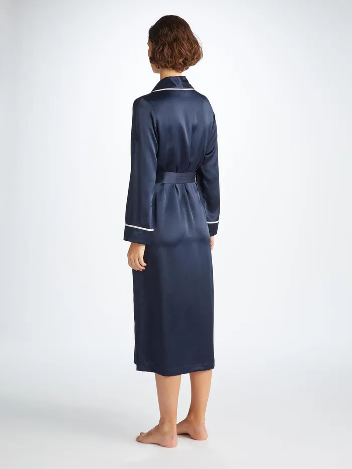 Derek Rose Long Robe Bailey Silk Satin Navy Women Silk Robes