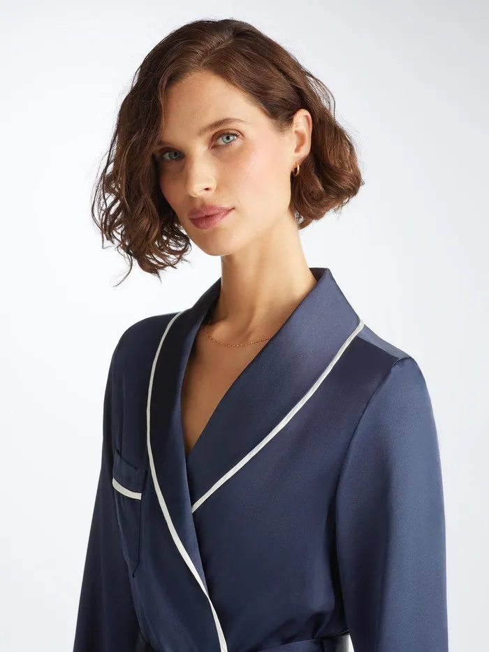 Derek Rose Long Robe Bailey Silk Satin Navy Women Silk Robes