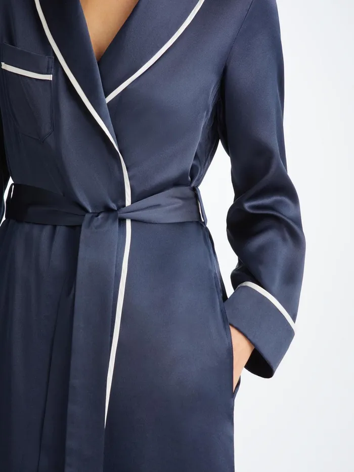 Derek Rose Long Robe Bailey Silk Satin Navy Women Silk Robes