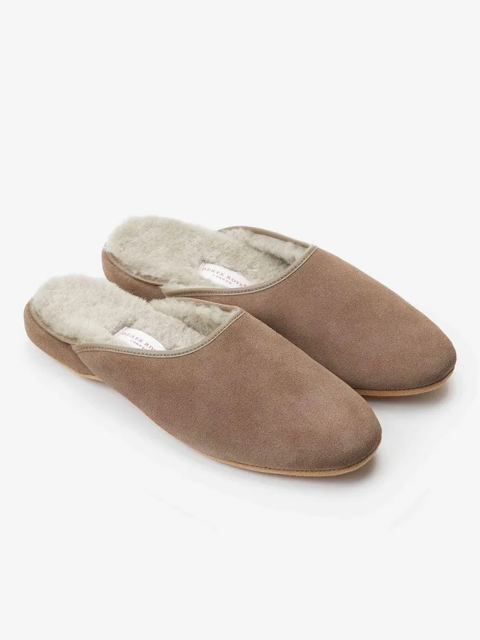 Derek Rose Mule Slippers Douglas Suede Sheepskin Beige MenSlippers Slippers