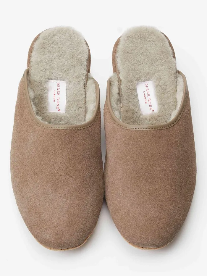 Derek Rose Mule Slippers Douglas Suede Sheepskin Beige MenSlippers Slippers