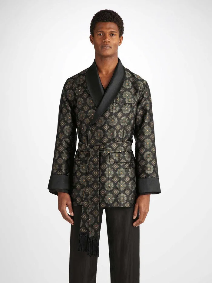 Derek Rose Smoking Jacket Verona 69 Silk Satin Black Men Smoking Jackets