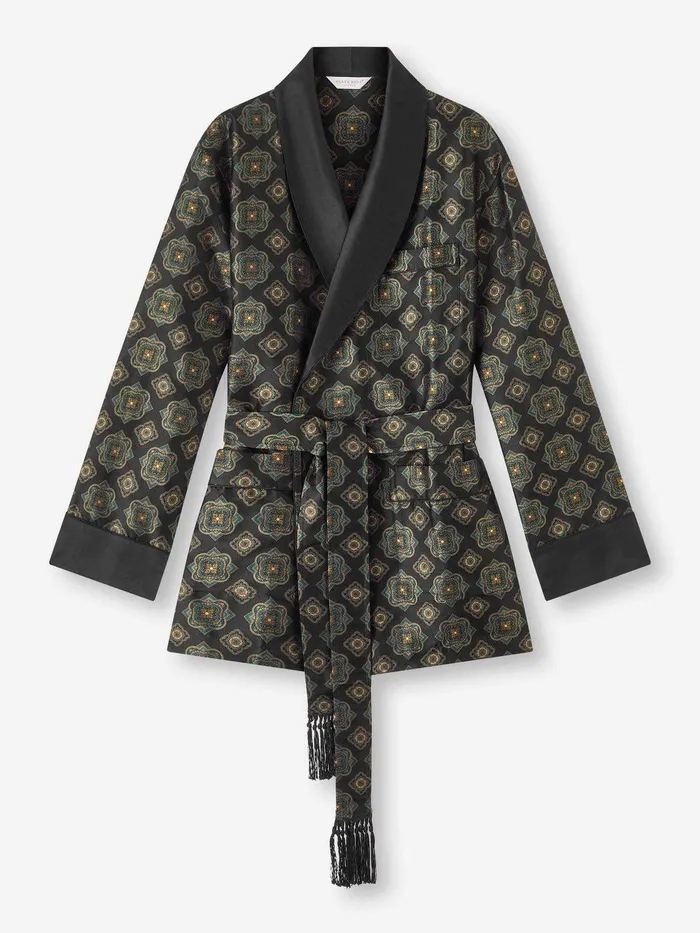 Derek Rose Smoking Jacket Verona 69 Silk Satin Black Men Smoking Jackets