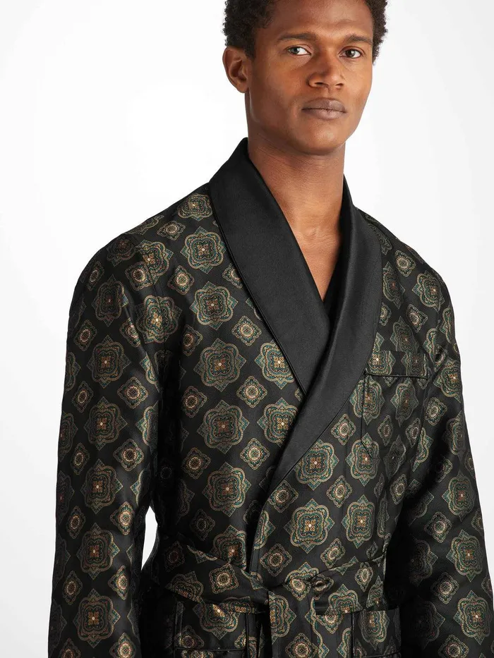 Derek Rose Smoking Jacket Verona 69 Silk Satin Black Men Smoking Jackets
