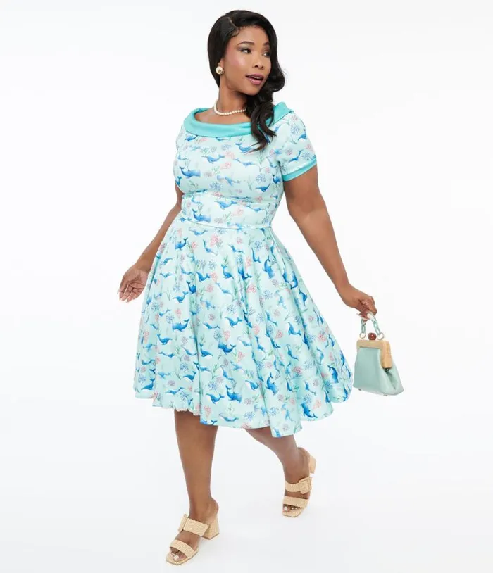 Dolly and Dotty 1950s Baby Blue Whale Print Darlene Swing Dress DressesPlus Unique Vintage Swing