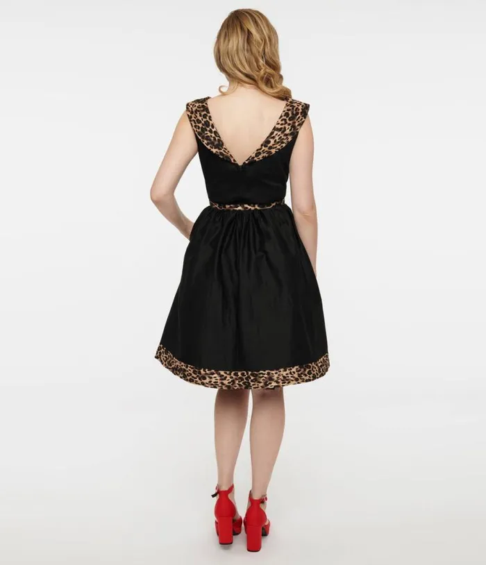 Dolly and Dotty 1950s Black and Leopard Cindy Swing Dress DressesPlus Unique Vintage Pocket Dresses