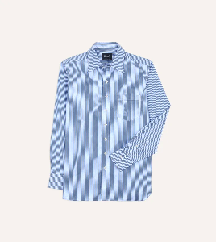 Drake039s Blue Ticking Stripe Long Point Collar Poplin Shirt Men Formal Shirts Drake039s Blue Ticking Stripe Long Point Collar Poplin Shirt Men Formal Shirts