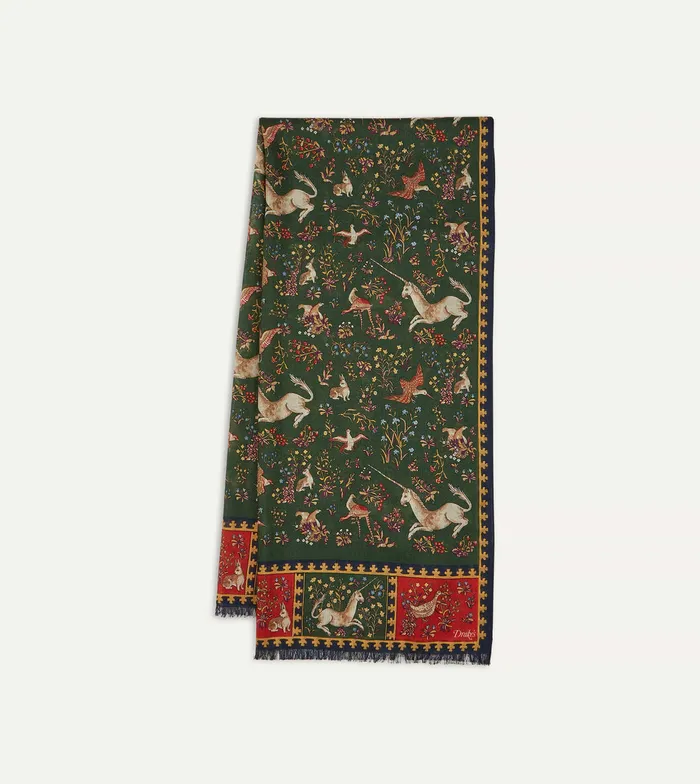 Drake039s Green Unicorn Print WoolSilk Scarf Men Scarves