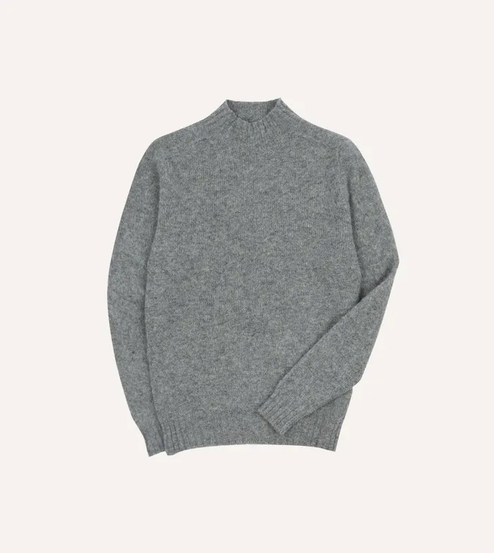 Drake039s Grey Brushed Shetland Mock Neck Jumper Men Knitwear