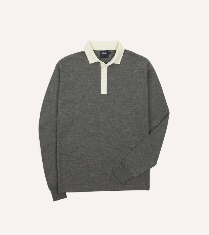 Drake039s Grey Merino Wool Knitted Rugby Shirt Men Knitwear