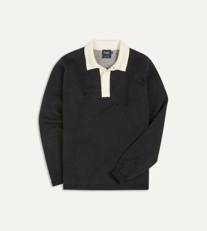 Drake039s Navy And Ecru Merino Wool Knitted Rugby Shirt Men Knitwear