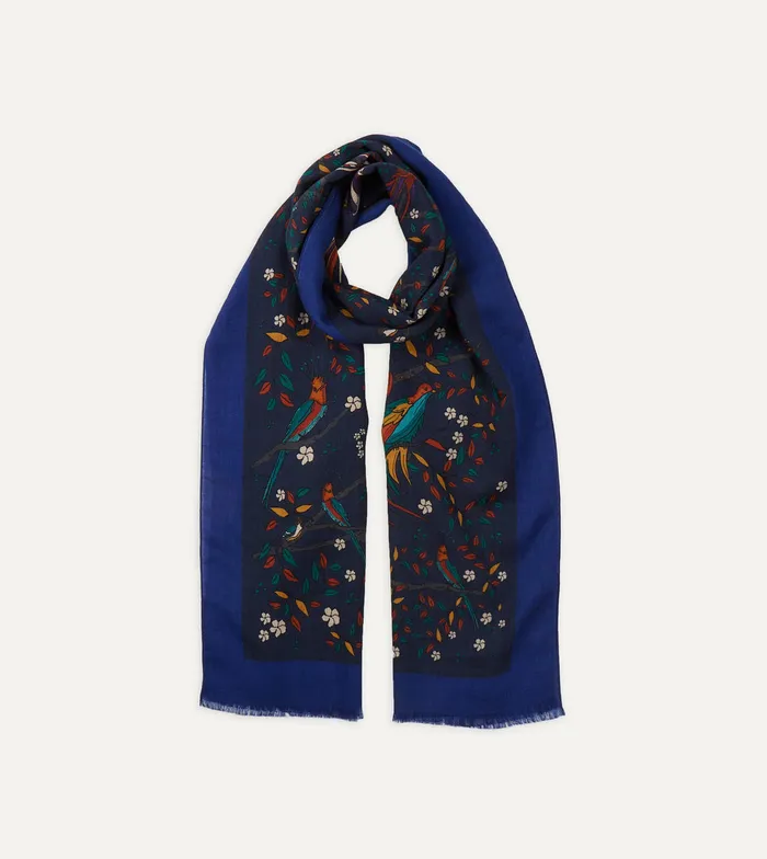 Drake039s Navy Birds Of Paradise Print Wool Scarf Men Scarves