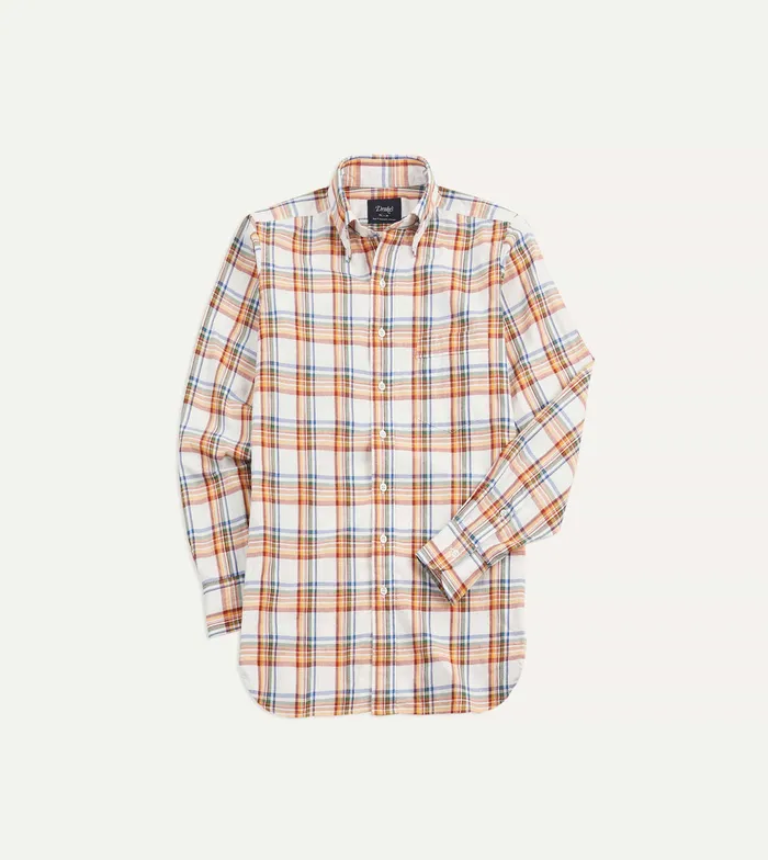 Drake039s Yellow Check Cotton ButtonDown Shirt Men Checked Shirts