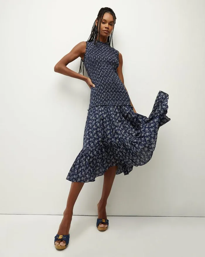 Dresses Shop Veronica Beard Verena Smocked CottonVoile Dress Marineoffwhite