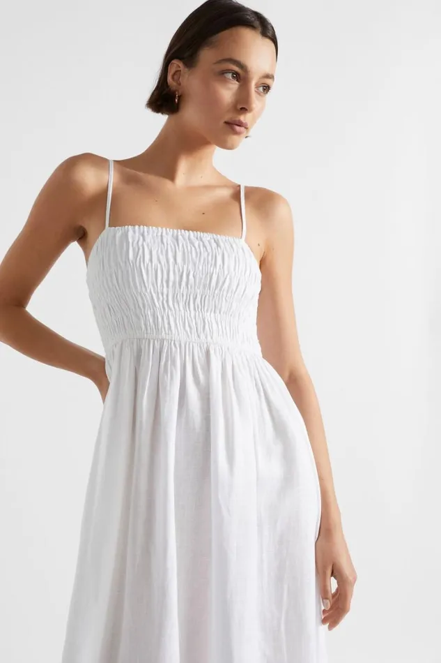 Dresses Woman Seed Heritage Linen Shirred Midi Dress Whisper White