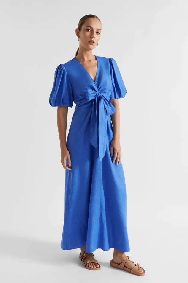 Dresses Woman Seed Heritage Linen Tie Front Maxi Dress Deep Ocean