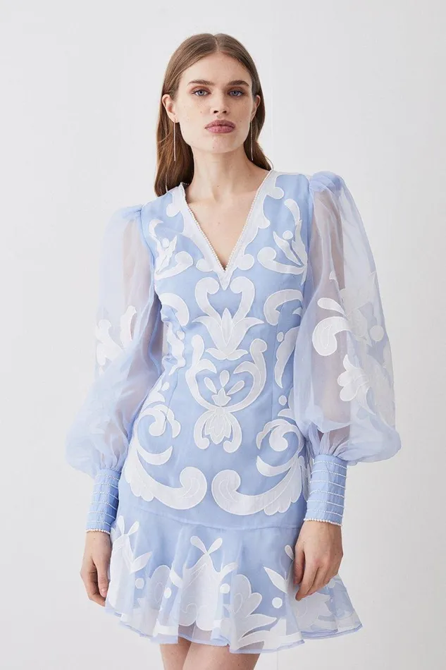 Dresses Women Karen Millen Applique Organdie Buttoned Woven Mini Dress Blue