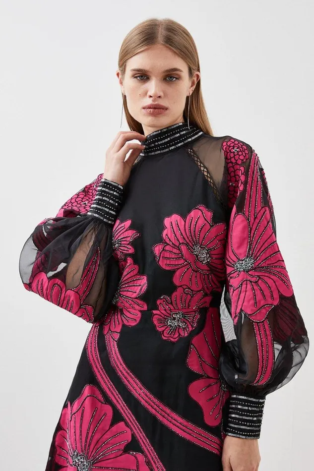 Dresses Women Karen Millen Applique Organdie Floral Graphic Woven Maxi Dress Black