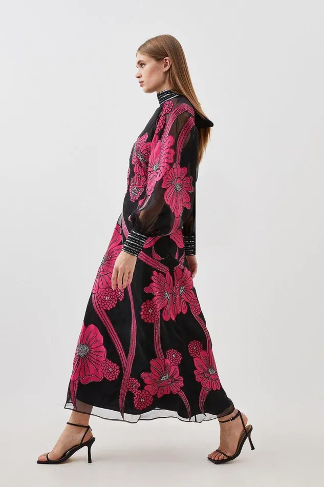 Dresses Women Karen Millen Applique Organdie Floral Graphic Woven Maxi Dress Black