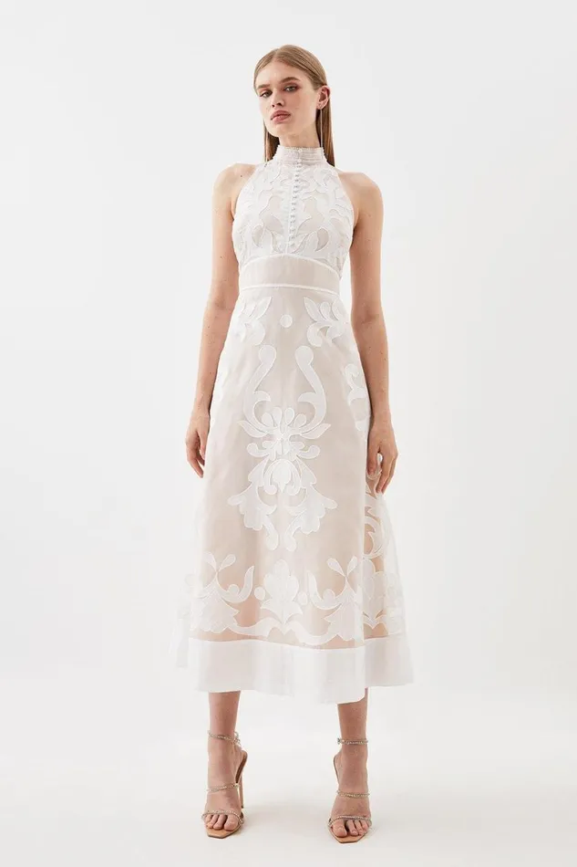 Dresses Women Karen Millen Applique Organdie Midi Woven Dress White