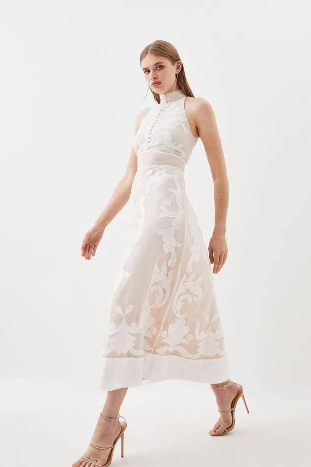 Dresses Women Karen Millen Applique Organdie Midi Woven Dress White