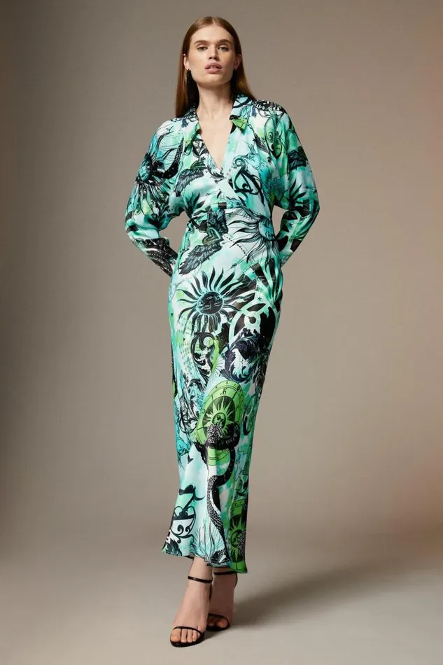 Dresses Women Karen Millen British Museum Star Mapped Batwing Dress Green
