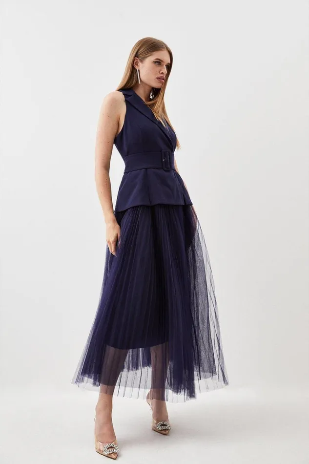 Dresses Women Karen Millen Cady And Pleated Skirt Woven Tailored Blazer Dress