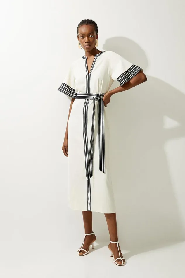 Dresses Women Karen Millen Contrast Stripe Mono Twill Woven Belted Midi Dress Ivory Dresses Women Karen Millen Contrast Stripe Mono Twill Woven Belted Midi Dress Ivory