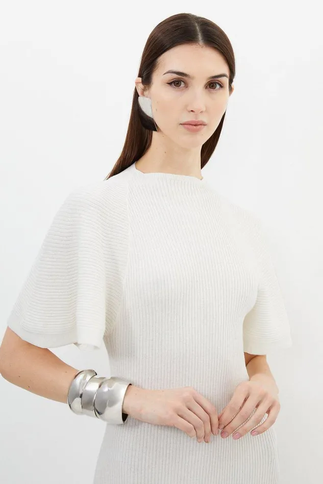 Dresses Women Karen Millen Cotton Blend Angel Sleeve Asymmetric Hem Knit Dress Cream