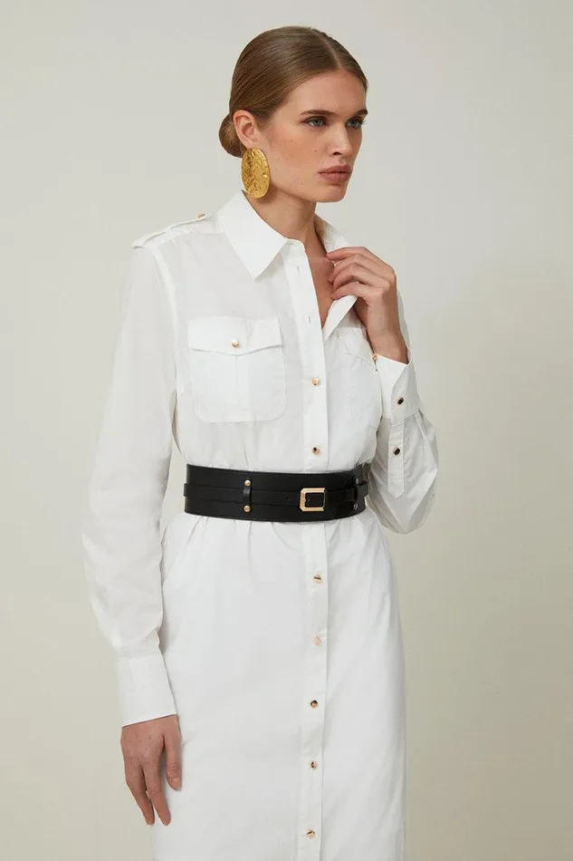 Dresses Women Karen Millen Cotton Poplin Pu Belted Midaxi Woven Shirt Dress White