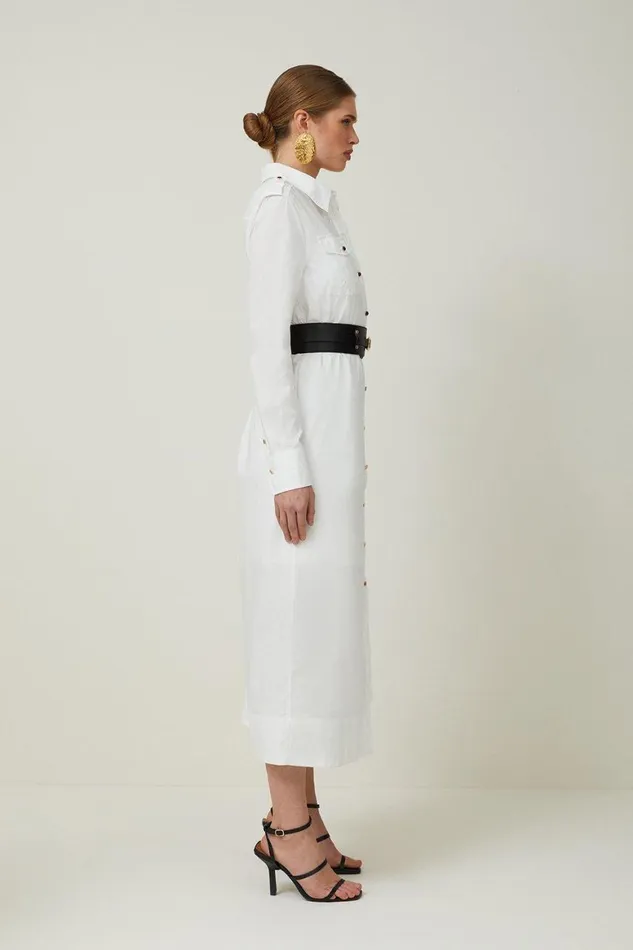 Dresses Women Karen Millen Cotton Poplin Pu Belted Midaxi Woven Shirt Dress White