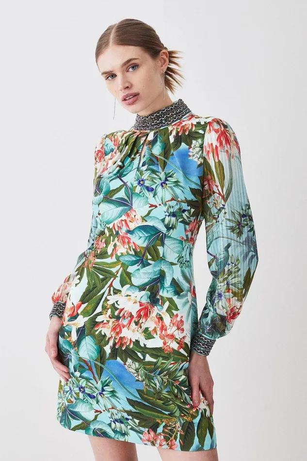 Dresses Women Karen Millen Diamante Trim Palm Floral Woven Mini Dress Green