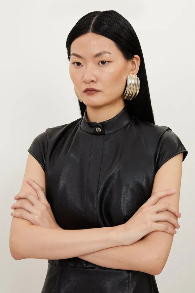 Dresses Women Karen Millen Faux Leather Military Pleat Mini Dress Black