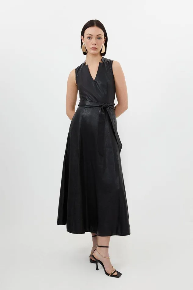 Dresses Women Karen Millen Faux Leather Notch Neck Belted Full Skirt Maxi Dress Black Dresses Women Karen Millen Faux Leather Notch Neck Belted Full Skirt Maxi Dress Black
