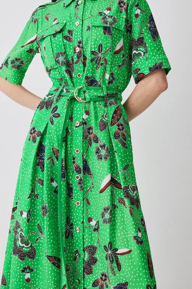 Dresses Women Karen Millen Floral Batik Premium Linen Woven Shirt Dress Green