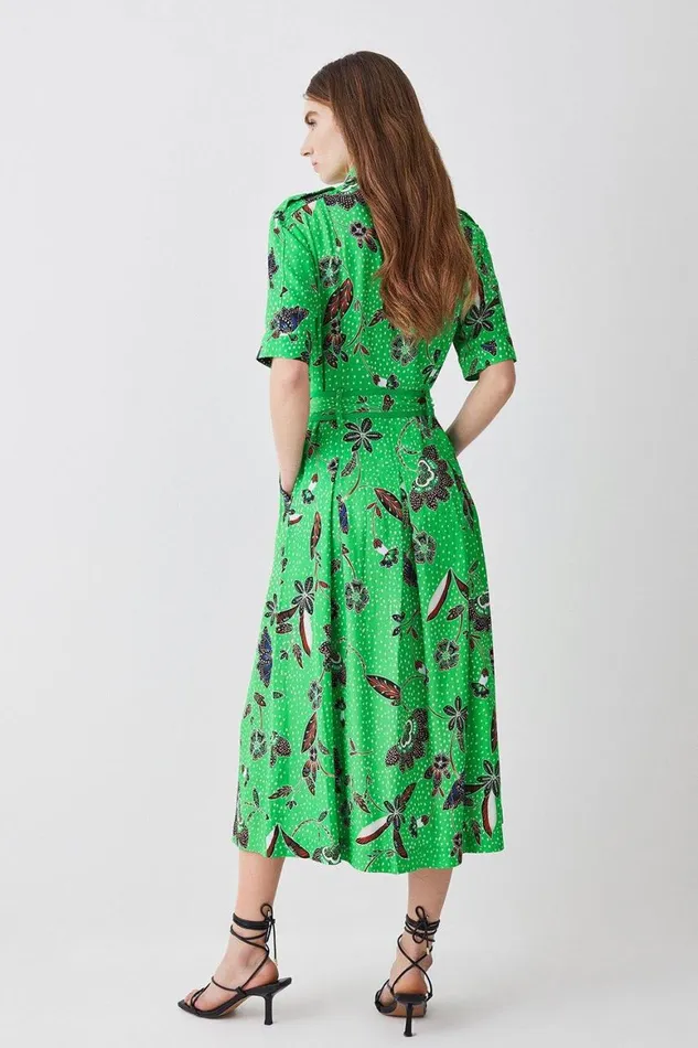Dresses Women Karen Millen Floral Batik Premium Linen Woven Shirt Dress Green