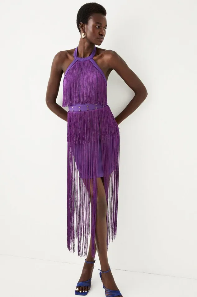 Dresses Women Karen Millen Fringed Ponte Detail Halter Neck Mini Dress Purple