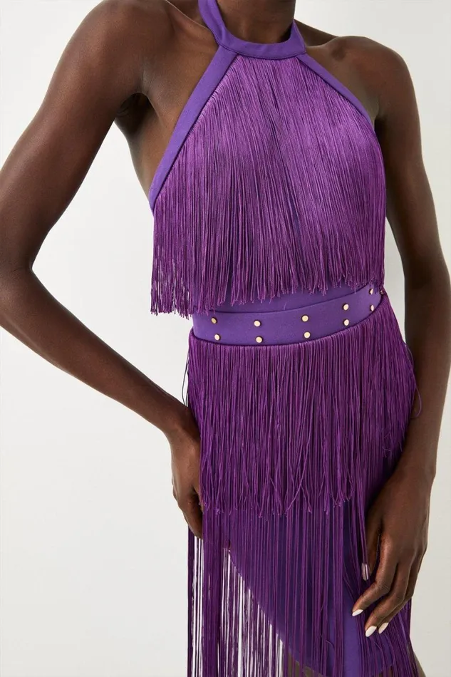 Dresses Women Karen Millen Fringed Ponte Detail Halter Neck Mini Dress Purple