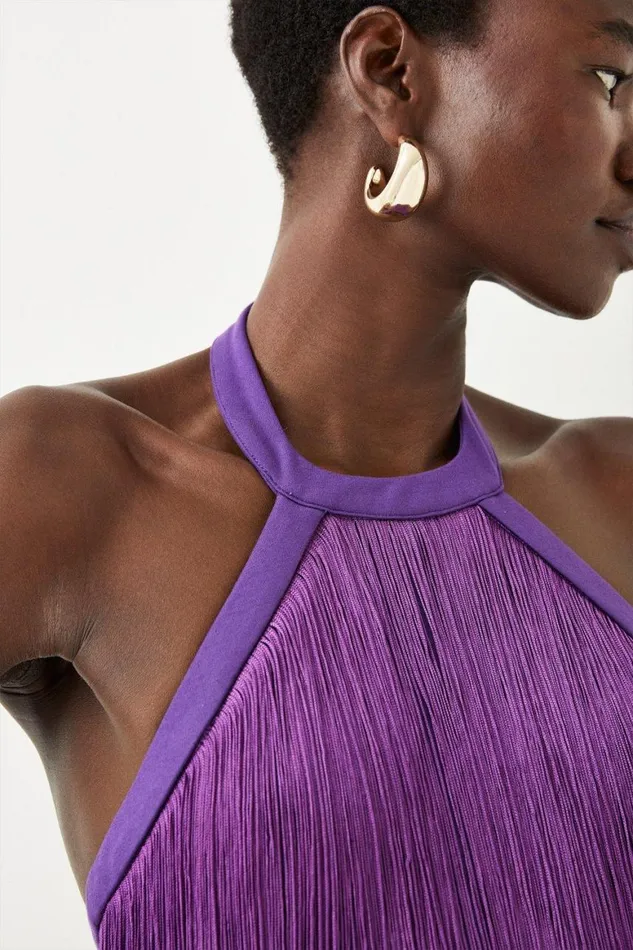 Dresses Women Karen Millen Fringed Ponte Detail Halter Neck Mini Dress Purple