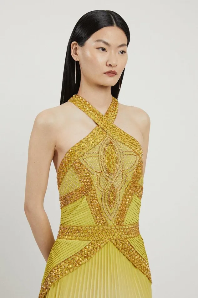 Dresses Women Karen Millen Geo Embellished Ombre Pleated Woven Maxi Dress Gold