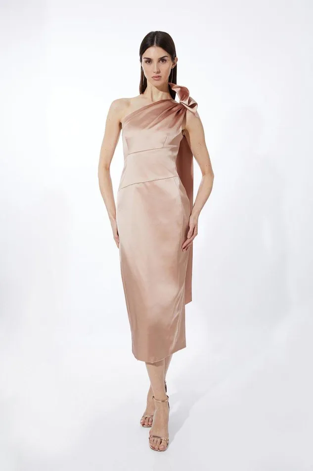 Dresses Women Karen Millen Italian Satin Drape Shoulder Tailored Midi Dress Champagne Dresses Women Karen Millen Italian Satin Drape Shoulder Tailored Midi Dress Champagne