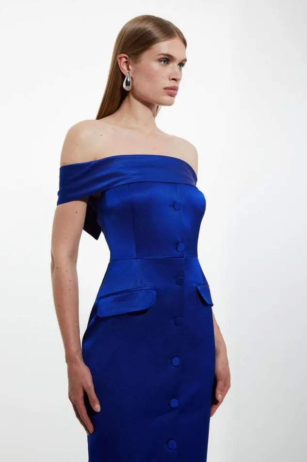 Dresses Women Karen Millen Italian Structured Rib Bardot Button Through Tailored Midi Dress Blue