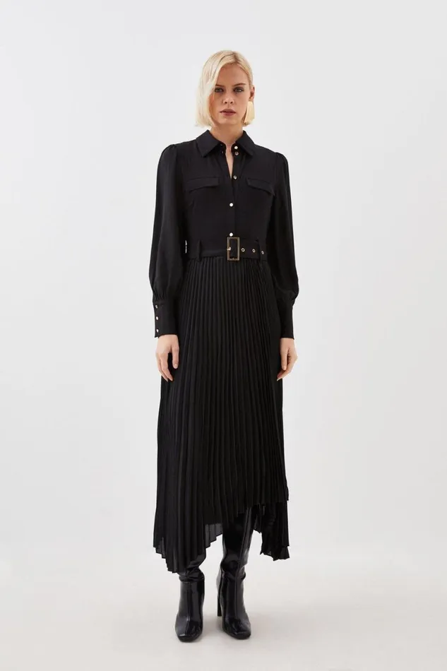 Dresses Women Karen Millen Jersey And Georgette Mix Pleat Midi Dress Black