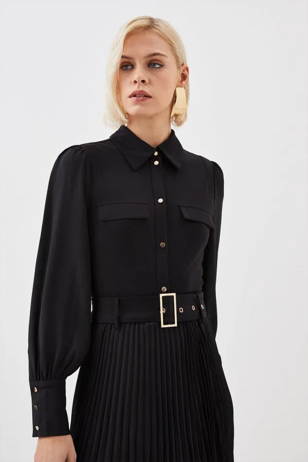 Dresses Women Karen Millen Jersey And Georgette Mix Pleat Midi Dress Black