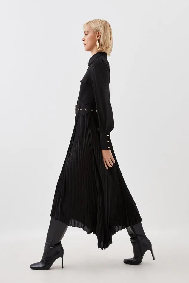 Dresses Women Karen Millen Jersey And Georgette Mix Pleat Midi Dress Black