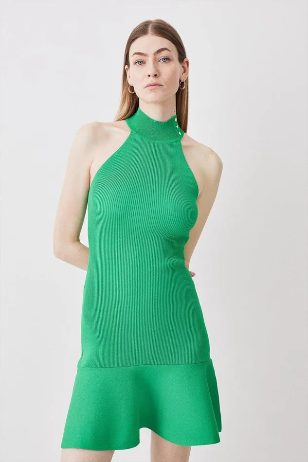 Dresses Women Karen Millen Knitted Rib Peplum Hem Mini Dress Green