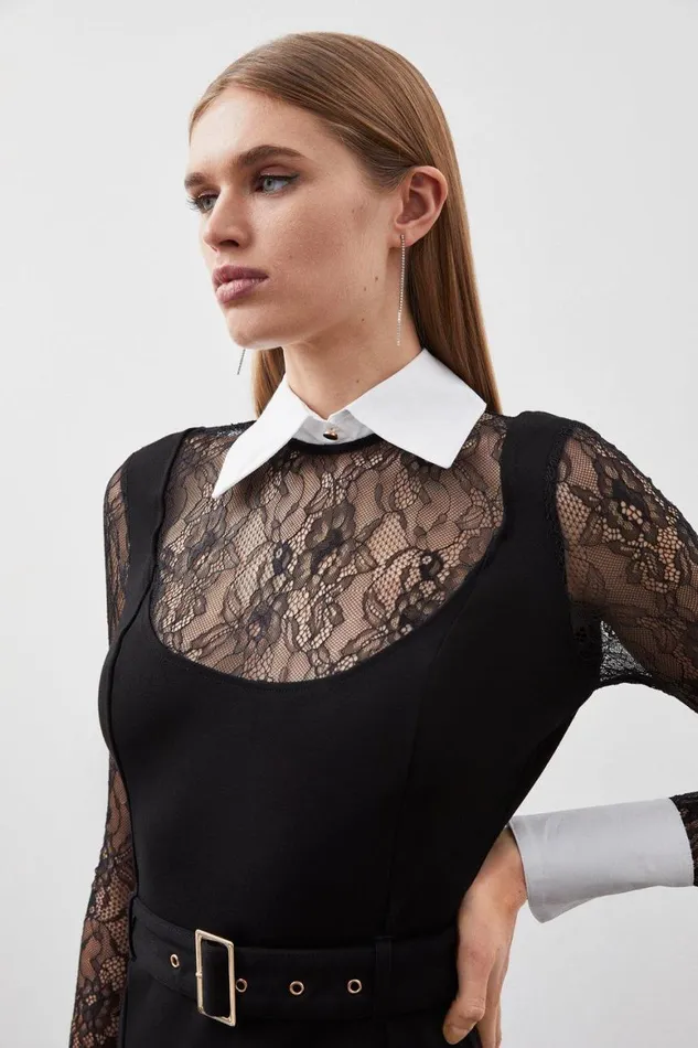 Dresses Women Karen Millen Lace Ponte Cotton Mix Jersey Mini Dress Black