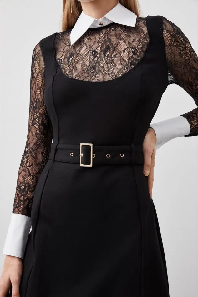 Dresses Women Karen Millen Lace Ponte Cotton Mix Jersey Mini Dress Black