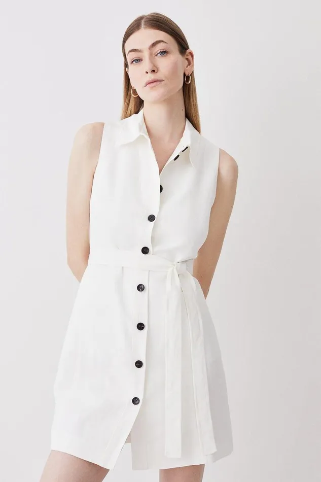 Dresses Women Karen Millen Linen Nautical Button Detail Shirt Mini Dress Ivory